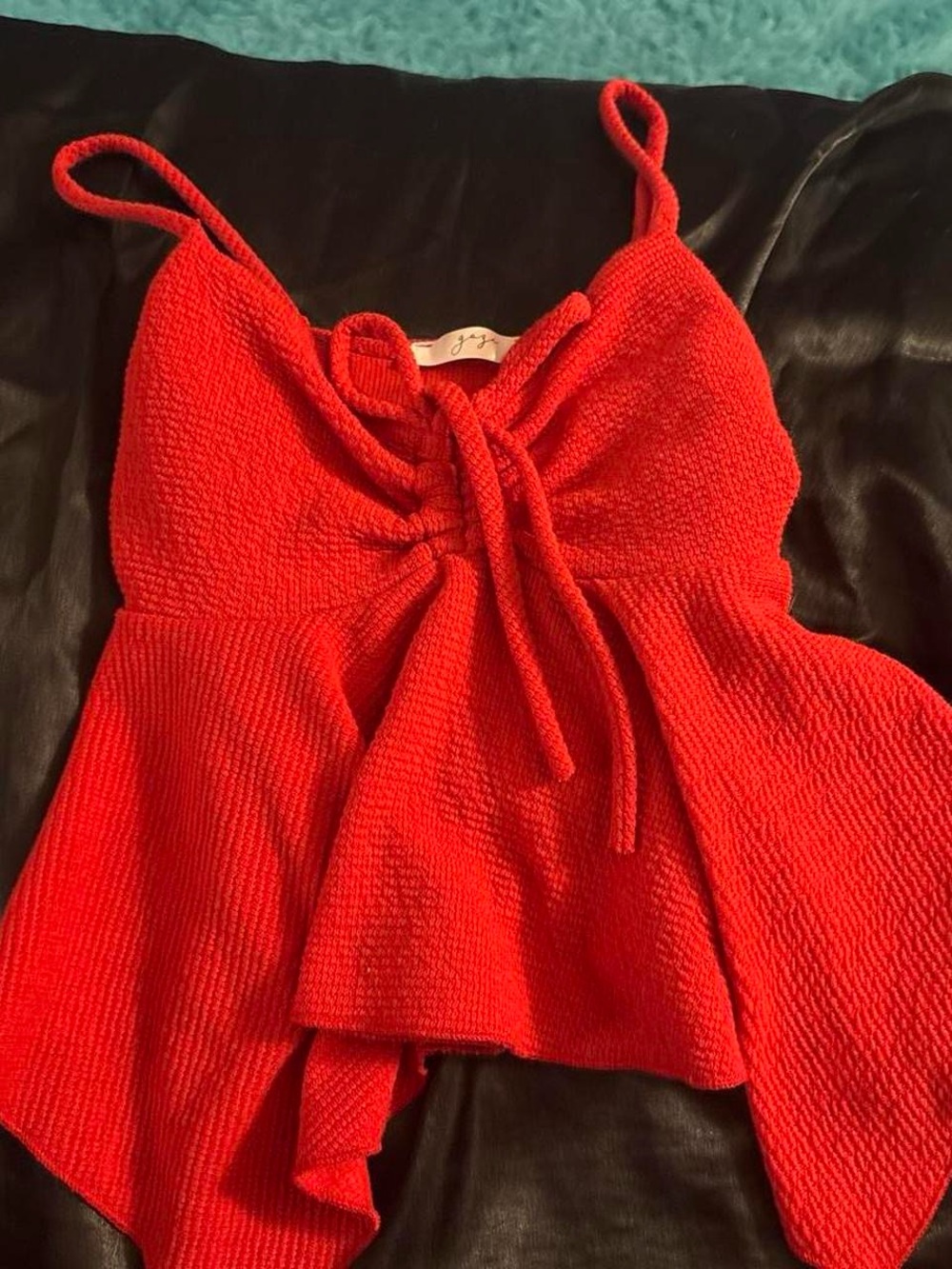 Red Textured Tie-Front Spaghetti Strap Top